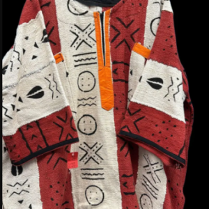 Home hand woven mudcloth top: red and white bands orange trim on closure and on two pockets on chest, bogolanfini